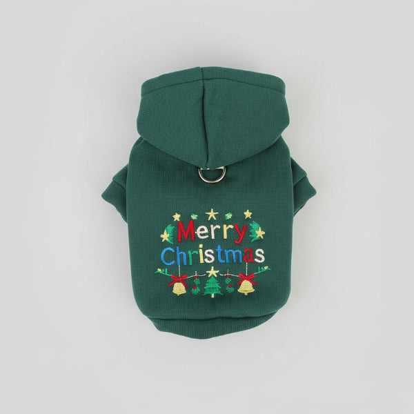 Sweat capuche pour chien vert avec broderie festive 'Merry Christmas' et décorations de Noël