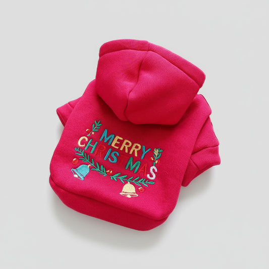 Sweat capuche pour chien rose avec broderie de Noël colorée sur le dos