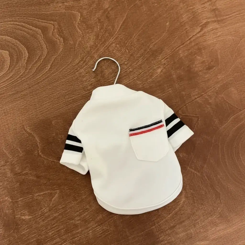 Sweat chaud pour chien en blanc avec des manches rayées et une poche arrière