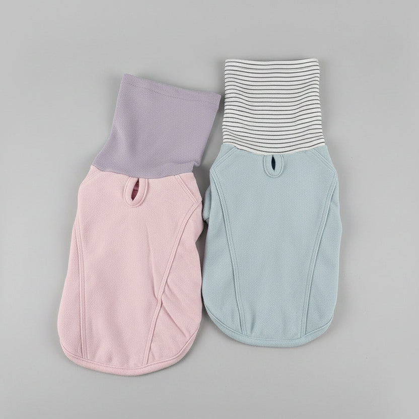 Ensemble de deux sweats col haut pour teckel, en rose et bleu, avec un col à rayures