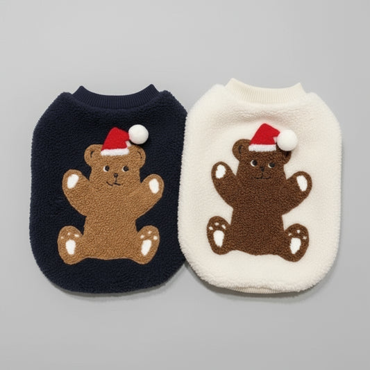 Sweat de Noël pour chien en peluche avec motif ours et bonnet de Noël, disponible en deux couleurs