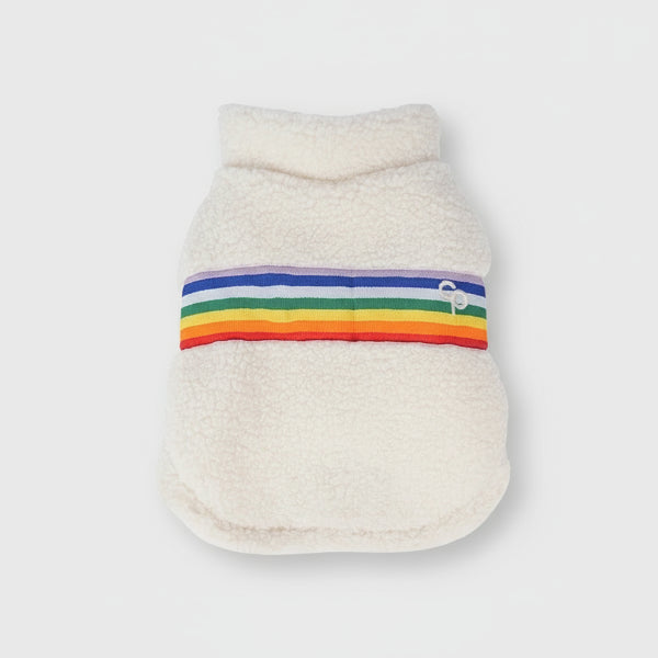 Sweat doux pour petit chien en fourrure beige avec bande colorée sur le ventre