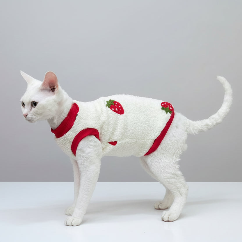Sweat polaire pour chat Sphynx blanc avec motifs de fraises et col rouge