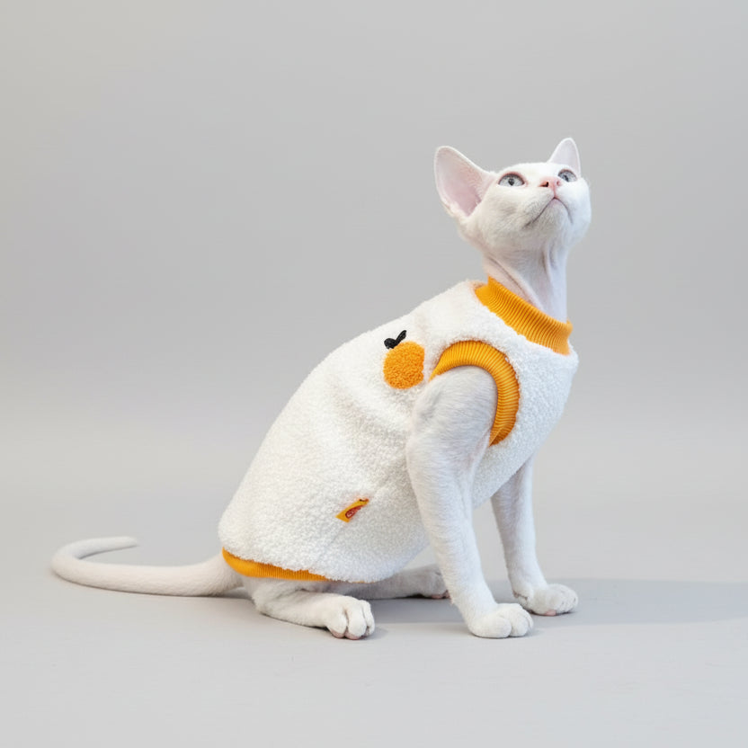 Sweat polaire pour chat Sphynx en blanc et orange, confortable et stylé pour le froid