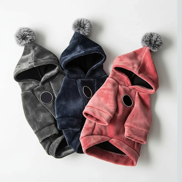 Trois sweats pour chien avec capuche et pompon en gris, bleu et rose par Oscar et Plume