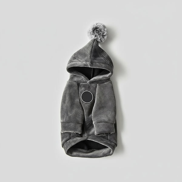 Sweat pour chien gris à capuche avec pompon en fausse fourrure confortable et chaud