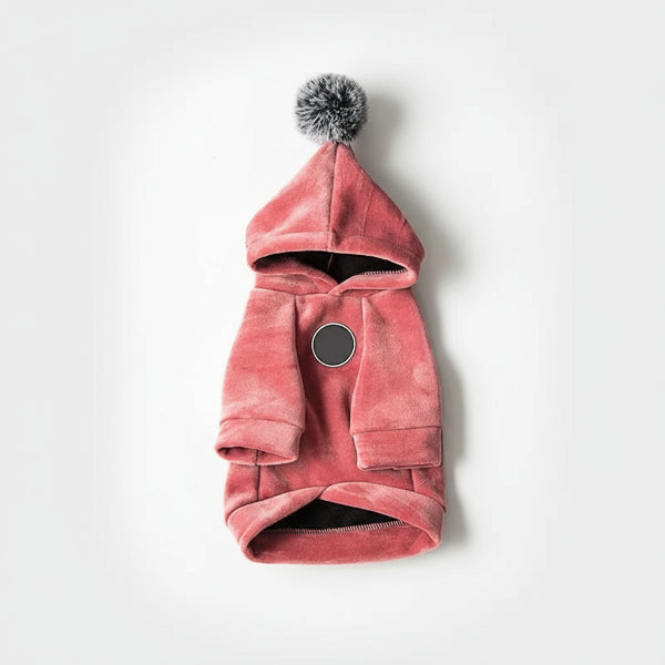 Sweat pour chien rose avec capuche et pompon en fausse fourrure de la marque Oscar et Plume