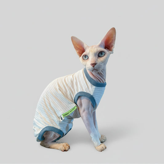 T-shirt anti UV pour chat avec rayures et col bleu pour protéger votre félin du soleil