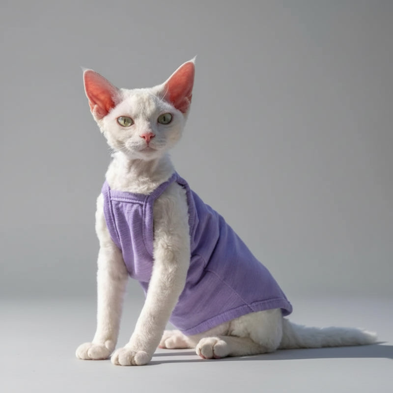 Chat avec un t-shirt coton pour chat violet, parfait pour les journées ensoleillées