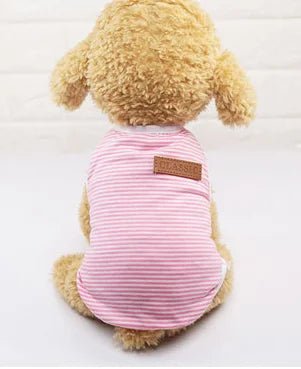 T-shirt coton pour chien rayé rose avec étiquette en cuir à l'arrière
