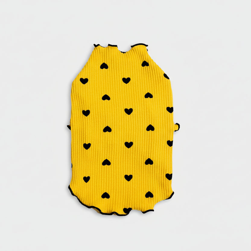T-shirt coton pour petit chien jaune à pois noirs en forme de cœur