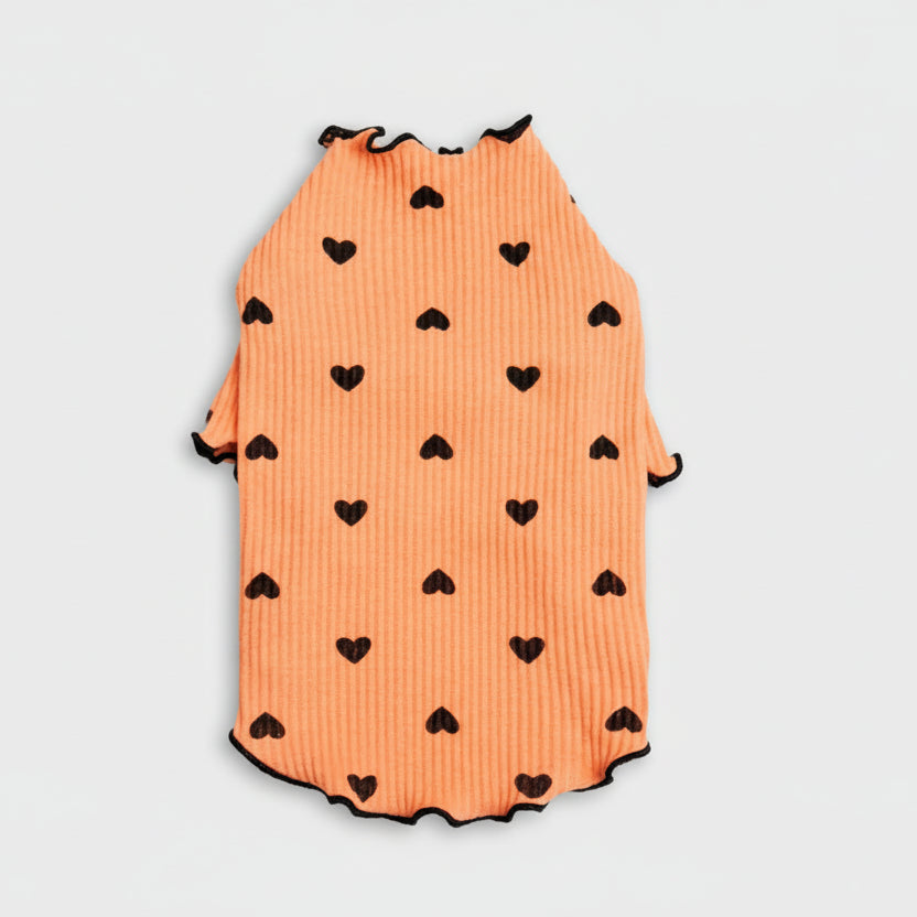 T-shirt coton pour petit chien à motifs de coeur noirs sur fond orange