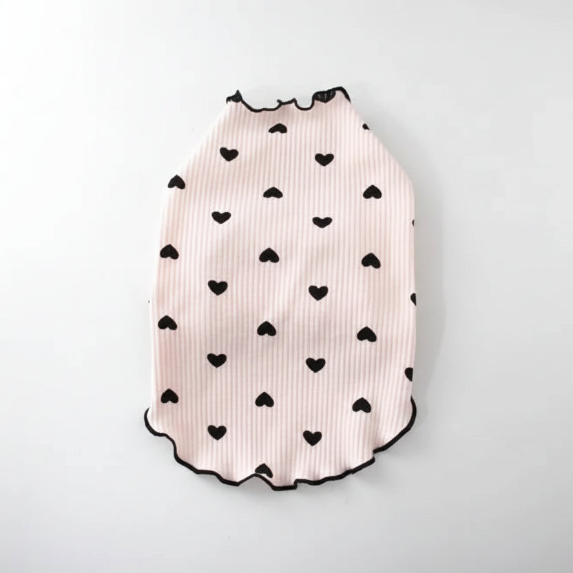 T-shirt coton pour petit chien à rayures roses avec motifs de cœurs noirs pour un look adorable