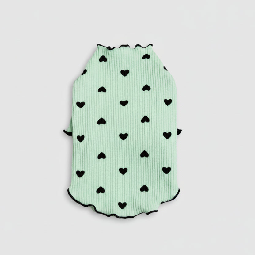 T-shirt coton pour petit chien en vert menthe avec des cœurs noirs imprimés