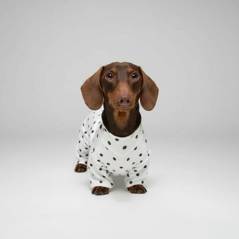 Teckel portant un t-shirt en coton doux pour teckel à pois noirs sur fond blanc