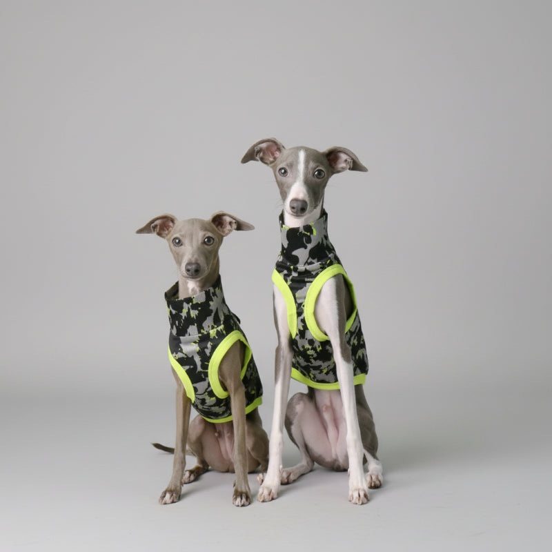 T-shirt lévrier anti uv en camouflage avec des détails jaunes pour chiens élégants et protégés