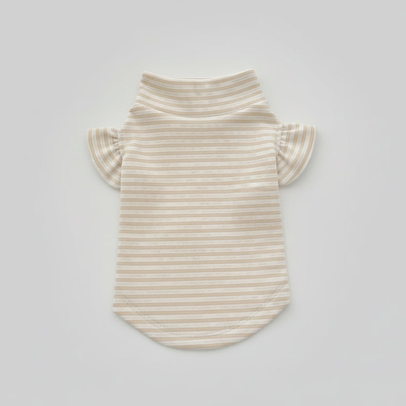 T-shirt manches volantes pour teckel en rayures beige avec col haut élégant