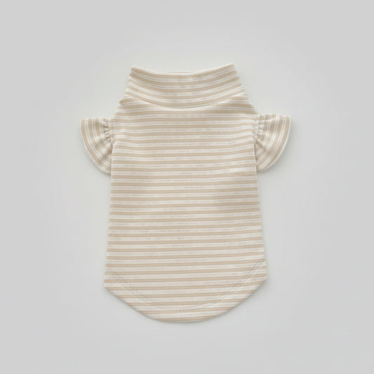 T-shirt manches volantes pour teckel en rayures beige avec col haut élégant