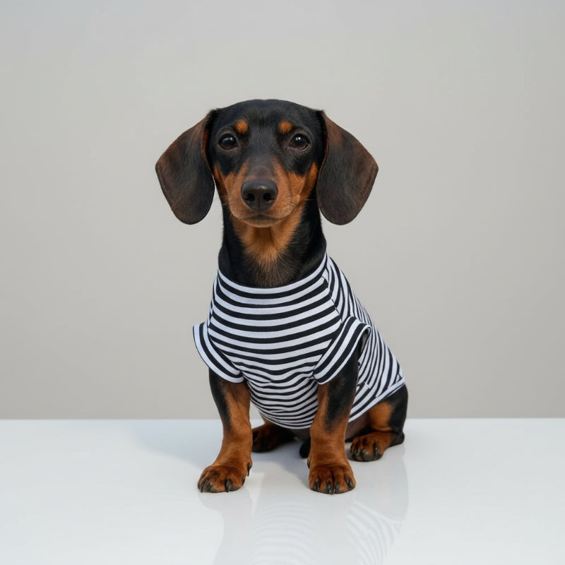 T-shirt pour teckel rayé noir et blanc, parfait pour les chiens stylés