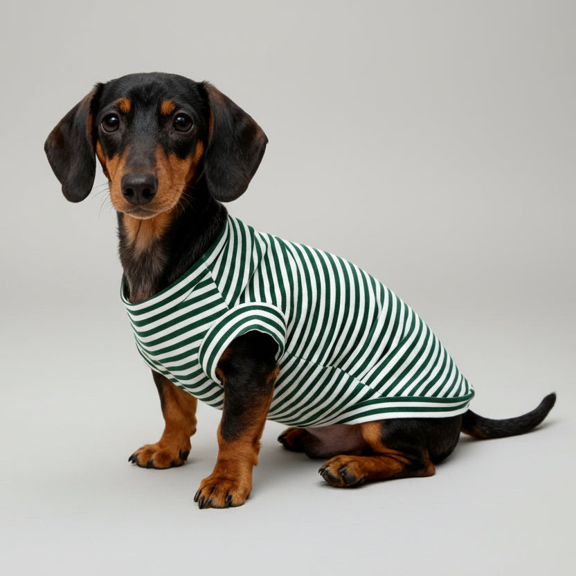 T-shirt pour teckel en rayures vertes et blanches pour chien, confortable et stylé