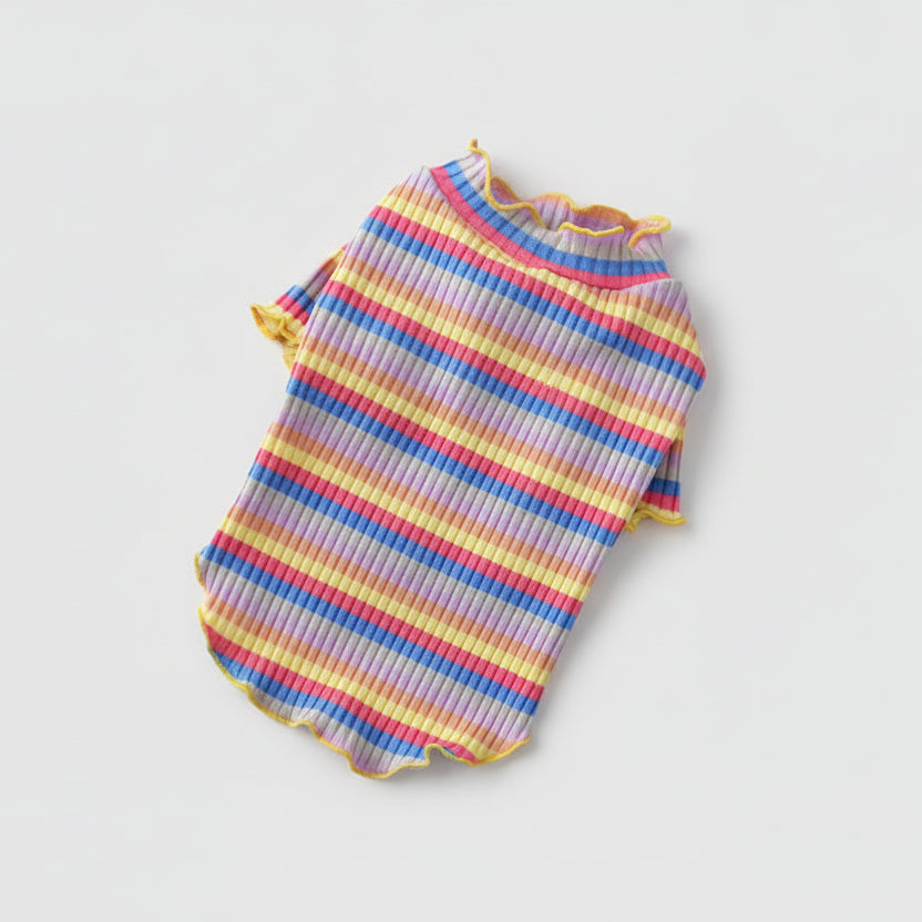 T-shirt rayé pour chat multicolore avec des manches courtes et un col froncé