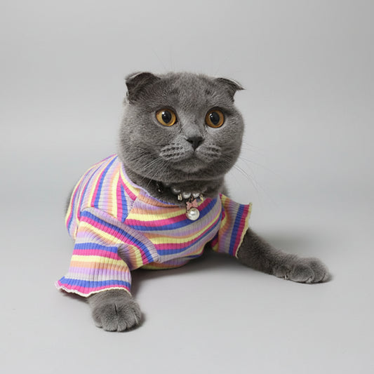 T-shirt rayé pour chat Oscar et Plume en couleurs pastel avec manches courtes, parfait pour les félins stylés