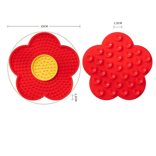 Tapis à lécher pour chien et chat en forme de fleur rouge avec surface texturée jaune Oscar et Plume