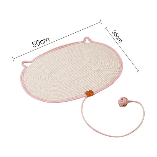 Tapis de repos pour chat Oscar et Plume beige avec bord rose et jouet attaché mesure 50x35 cm