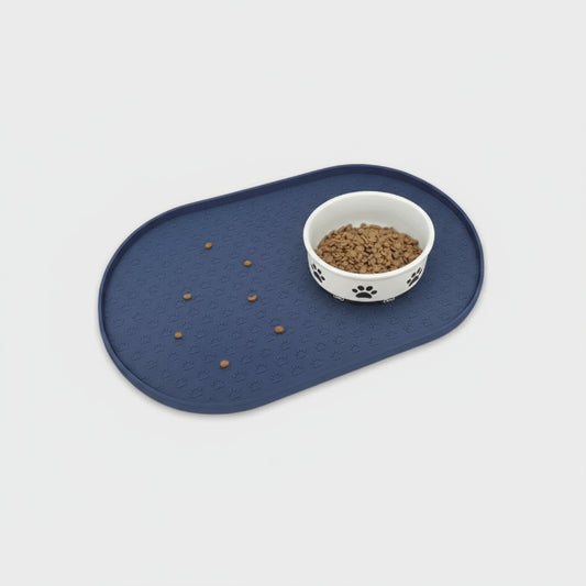Tapis silicone gamelle chien bleu avec bol décoré de pattes de chien pour alimentation propre