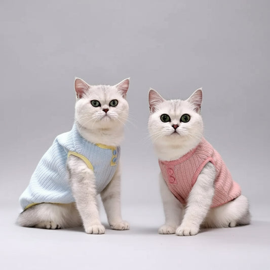 Deux chats portant des tee-shirts chauds pour chat, l'un bleu et l'autre rose, assis sur un canapé