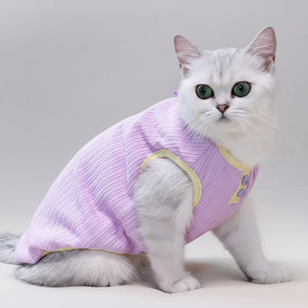 Tee-shirt chaud pour chat en tissu doux, couleur lavande avec détails en jaune
