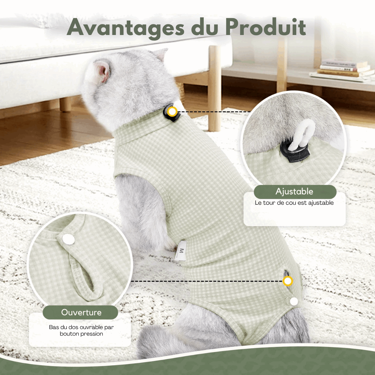 Tee-shirt post opération pour chat, ajustable avec ouverture à bouton pression, design confortable et pratique