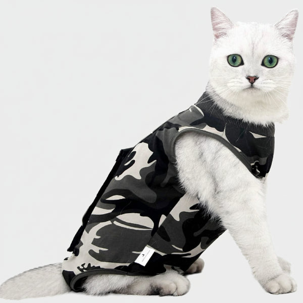 Tee-shirt post opératoire pour chat à motif camouflage, confortable et ajusté pour la récupération