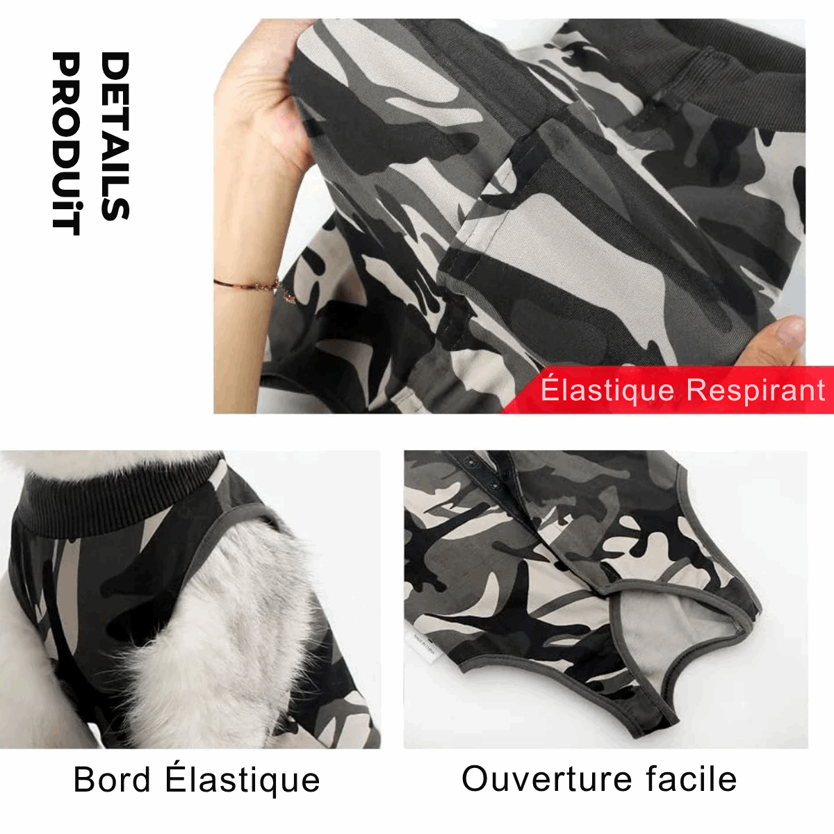 Tee-shirt post opératoire pour chat en camouflage avec un bord élastique et une ouverture facile