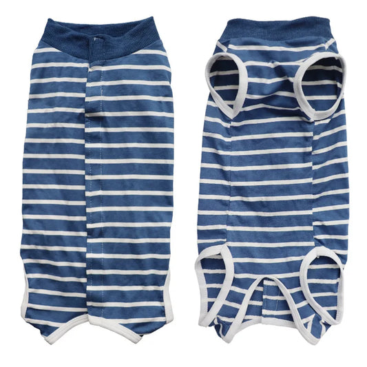 Tee-shirt post opératoire pour chat en bleu à rayures blanches, confortable et pratique