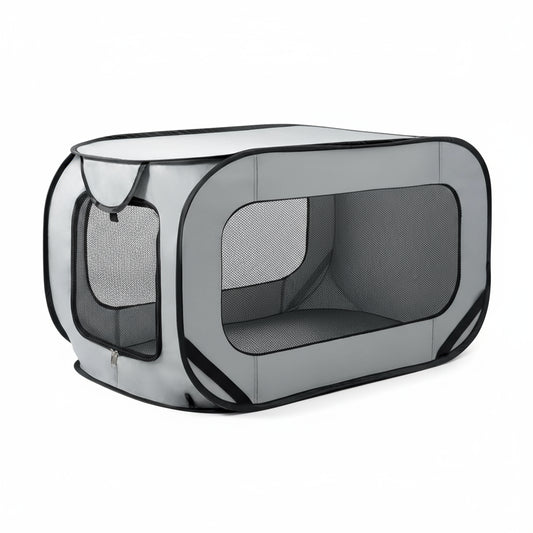 Tente pliable transportable chien chat grise avec fenêtres en maille pour une bonne aération