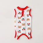 T-shirt post opération chat en coton doux blanc avec motifs cerises et ours, bordures rouges