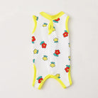 T-shirt post opération chat blanc avec imprimé fleurs colorées et bordures jaunes