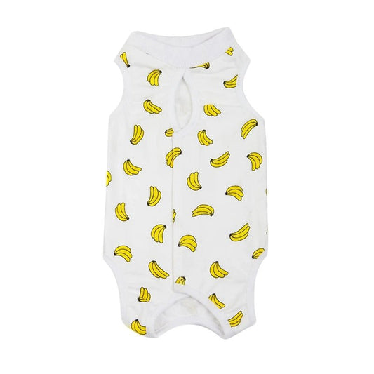 T-shirt post opératoire pour chat blanc avec motifs bananes jaunes par Oscar et Plume