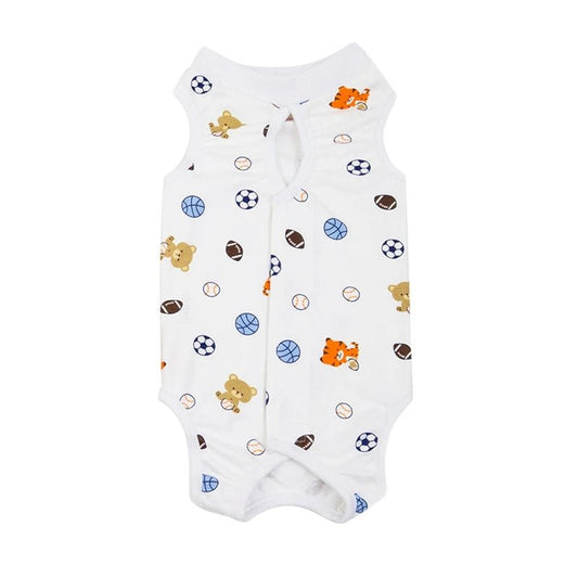 T-shirt post opératoire pour chat blanc avec motifs ours, tigre et ballons multicolores