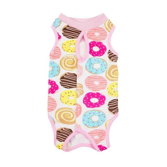 T-shirt post opératoire pour chat imprimé donuts colorés avec finition rose d'Oscar et Plume