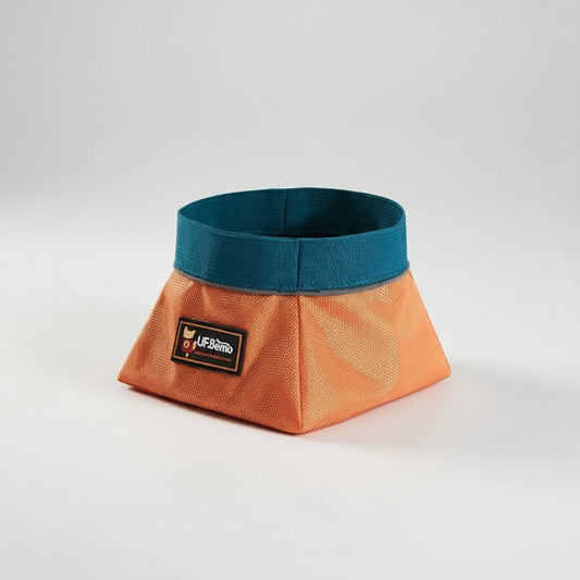 Gamelle de voyage pour chien pliante orange avec bordure bleue offrant praticité en déplacement