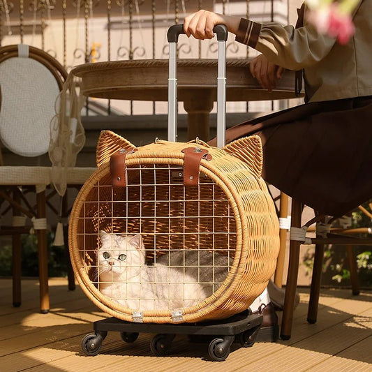 Valise à roulette pour chat en osier avec oreilles, cage de transport élégante pour animaux
