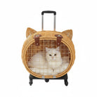 Valise à roulette pour chat en osier naturel avec forme tête de chat et roulettes noires