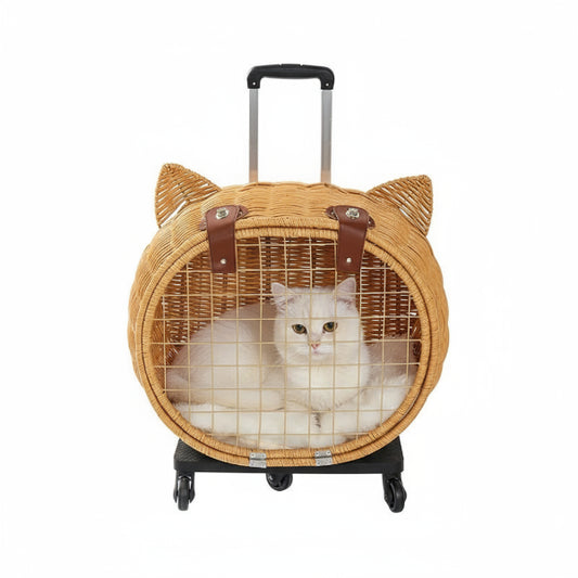 Valise à roulette pour chat en osier naturel avec forme tête de chat et roulettes noires