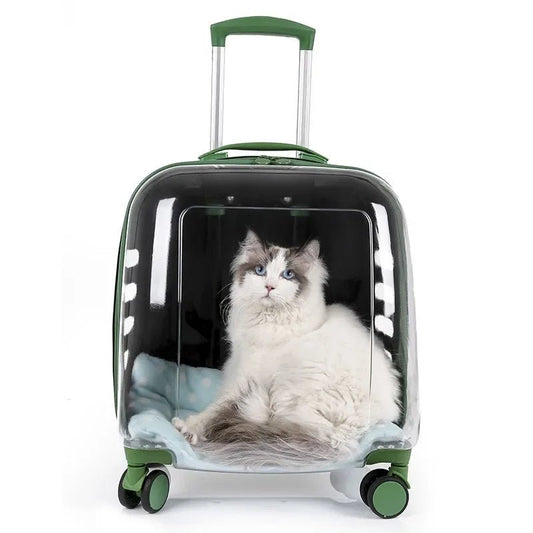 Valise à roulette transparente pour chat Oscar et Plume Vert