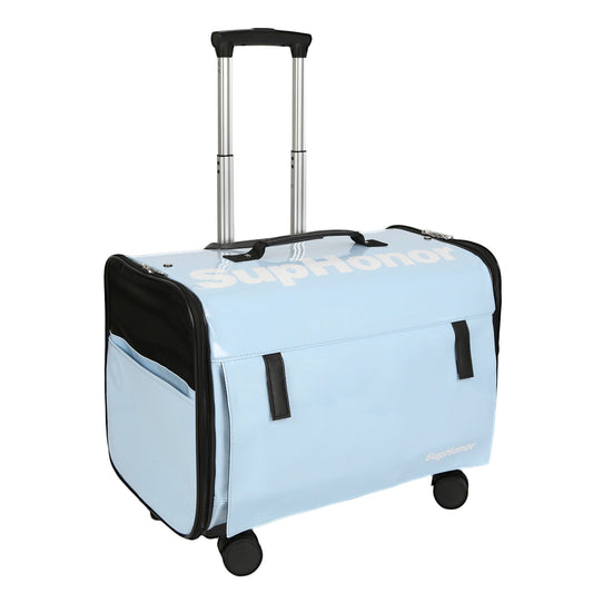 Valise roulettes pour chien bleu clair avec poignée télescopique et poches latérales