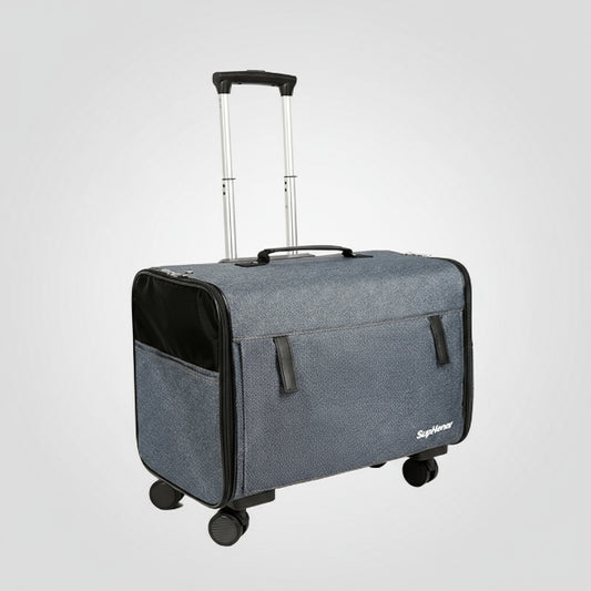 Valise roulettes pour chien en tissu gris avec poignée télescopique et quatre roues Oscar et Plume