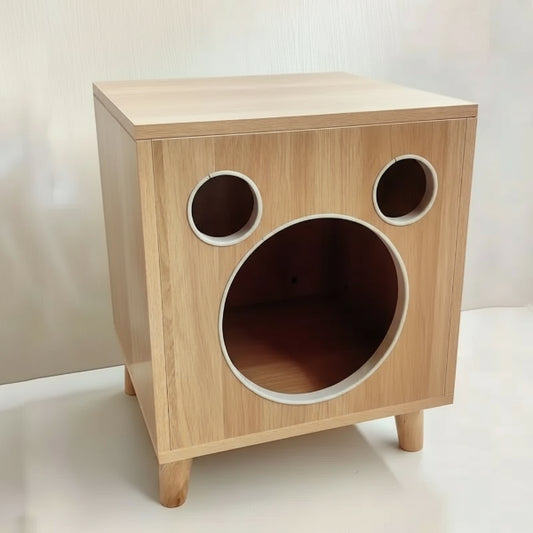 Maison chat en bois design cube naturel avec ouvertures circulaires pour cachette de chat