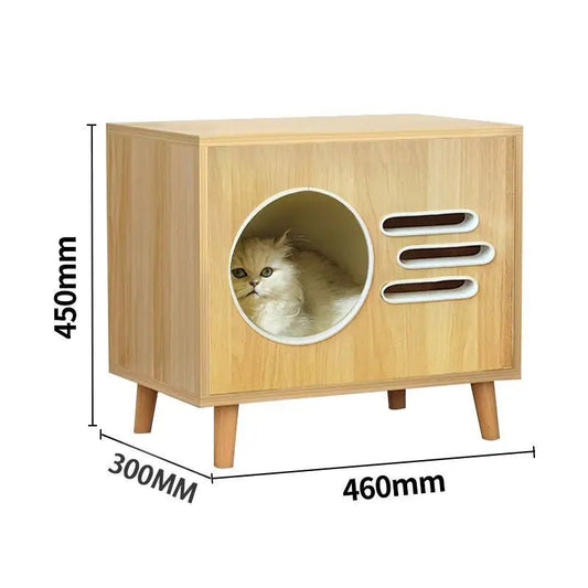 Maison chat en bois Oscar et Plume avec design moderne et ouverture ronde pour confort du chat
